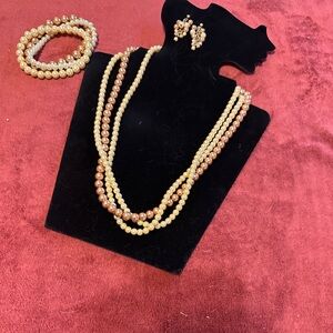 Tri Color Pearl Jewelry Set Necklace Bracelet Post Earrings